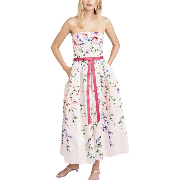 NWT Never Worn Marchesa Notte Mikado Strapless Navy Floral Tea Length Gown Sz 6 - Picture 8 of 9